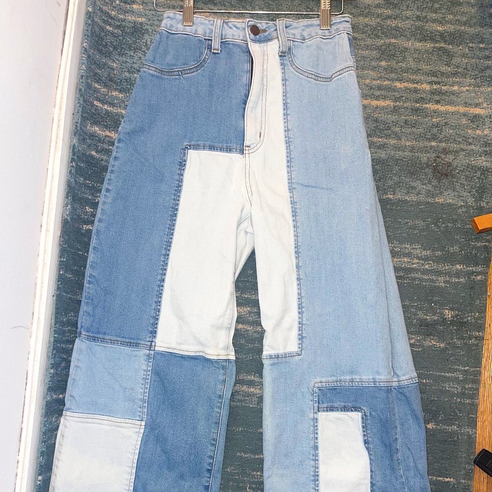 Patchwork crop wide leg jeans light blue wash